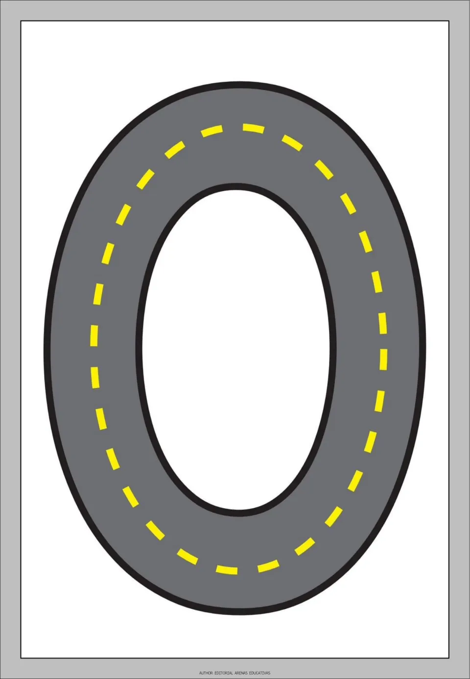 Number 0 tracing flashcard from the road-themed set, showing a gray road shaped like 0 for number practice