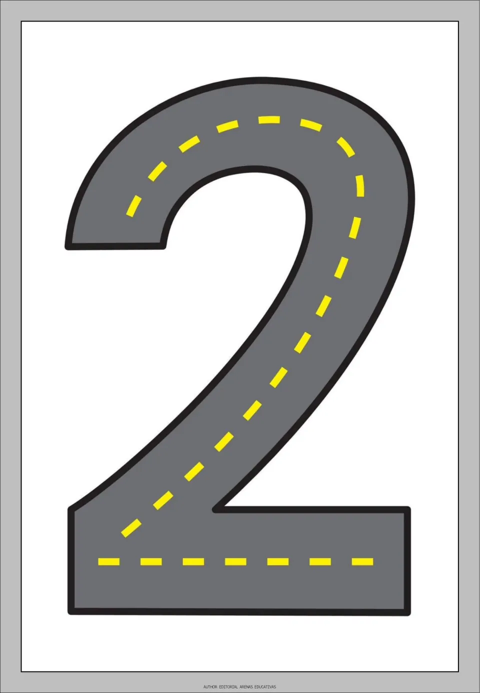Number 2 tracing flashcard from the road-themed set, showing a gray road shaped like 2 for number practice