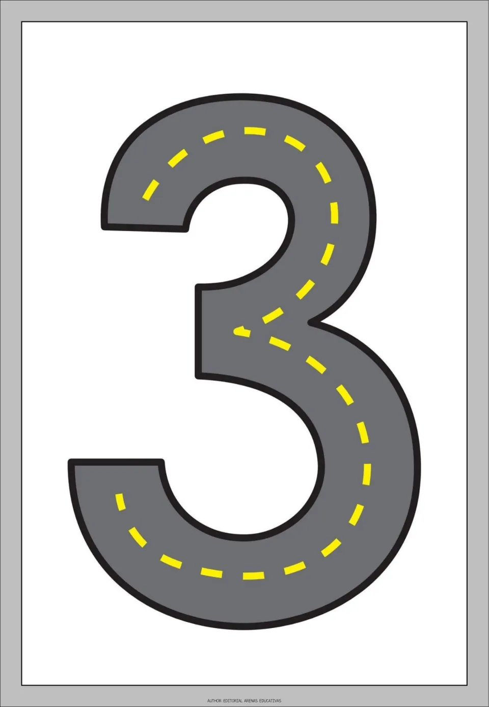 Number 3 tracing flashcard from the road-themed set, showing a gray road shaped like 3 for number practice