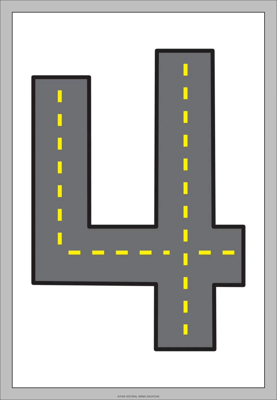 Number 4 tracing flashcard from the road-themed set, showing a gray road shaped like 4 for number practice