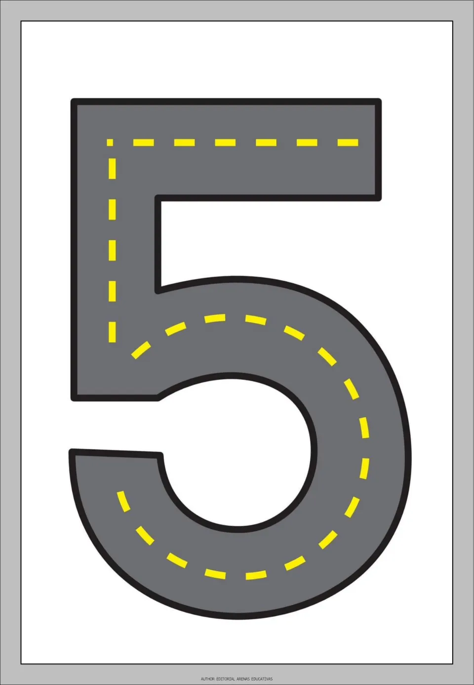 Number 5 tracing flashcard from the road-themed set, showing a gray road shaped like 5 for number practice