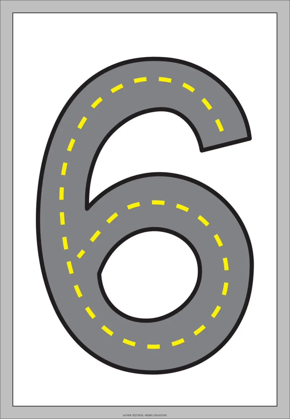 Number 6 tracing flashcard from the road-themed set, showing a gray road shaped like 6 for number practice
