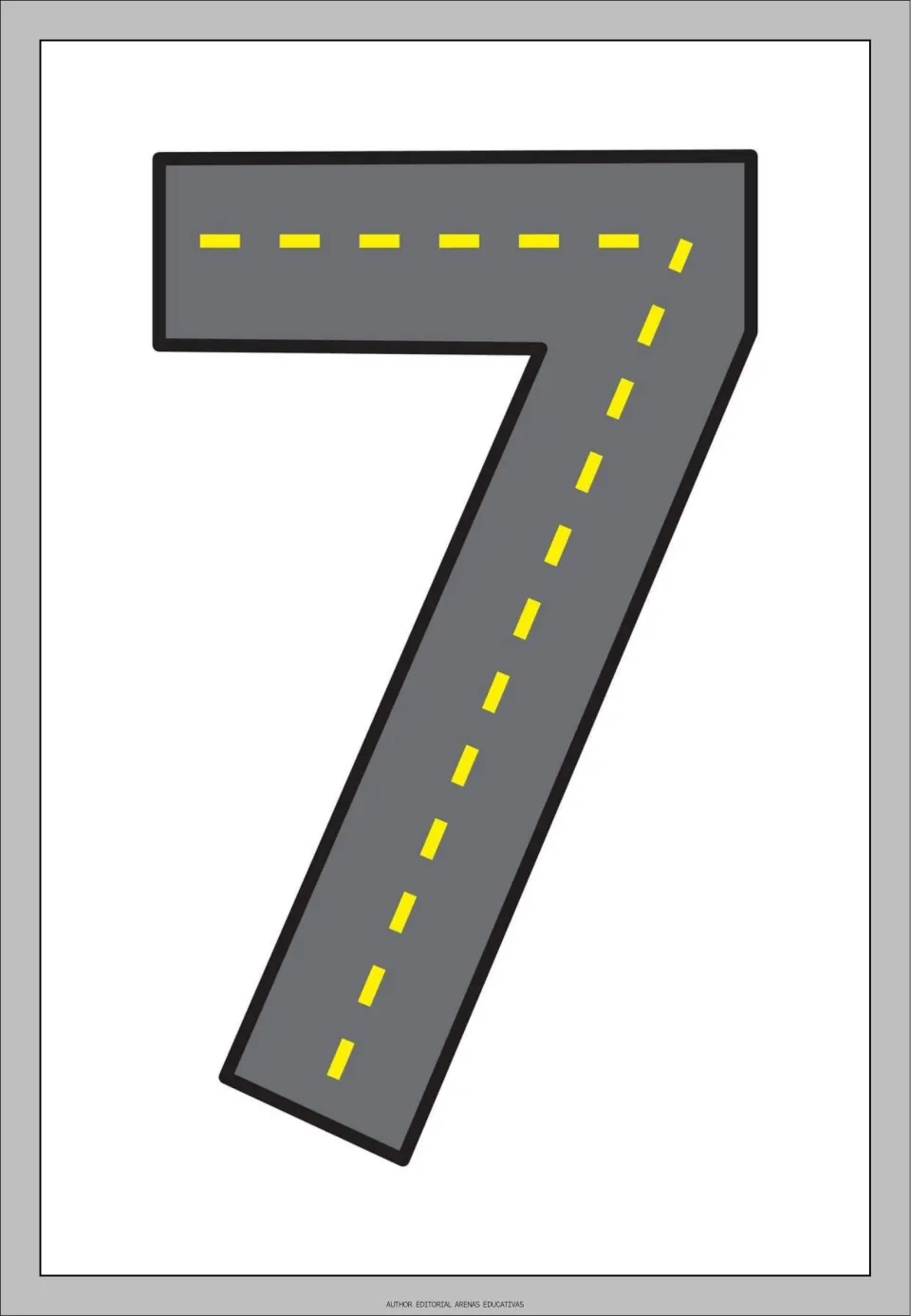 Number 7 tracing flashcard from the road-themed set, showing a gray road shaped like 7 for number practice