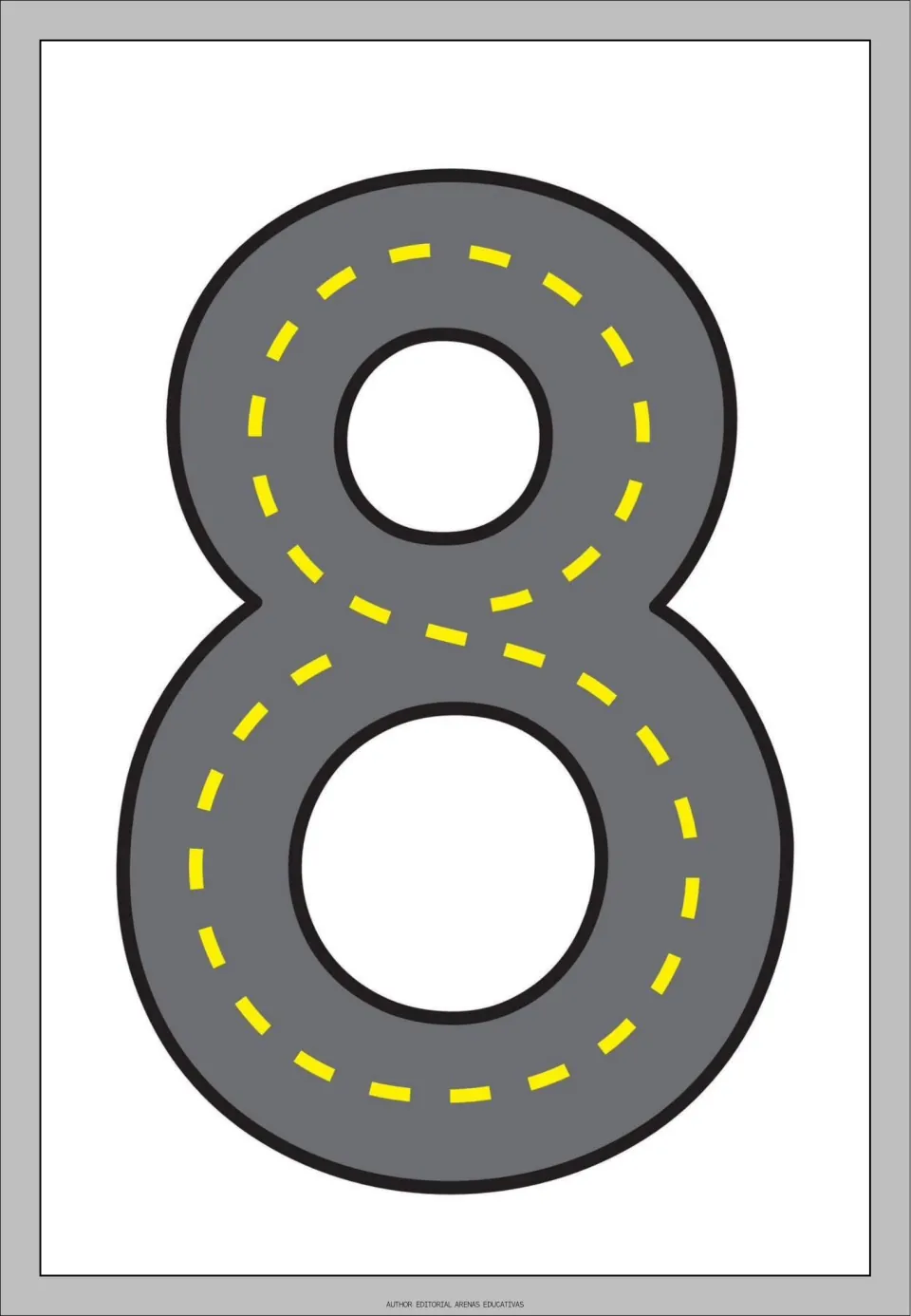 Number 8 tracing flashcard from the road-themed set, showing a gray road shaped like 8 for number practice