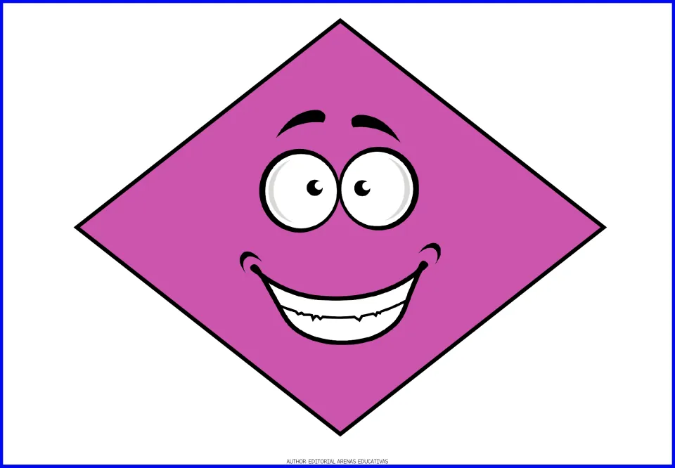 Rhombus flashcard in the geometric shape set, showing a purple diamond-shaped rhombus with a smiling face