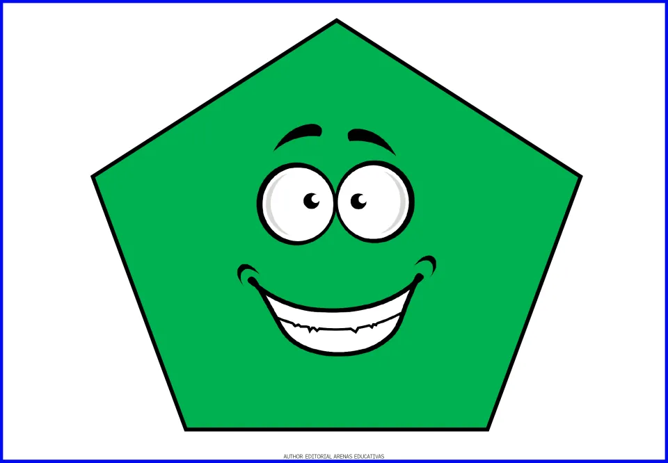Pentagon flashcard in the geometric shape set, showing one green five-sided shape with a smiling face