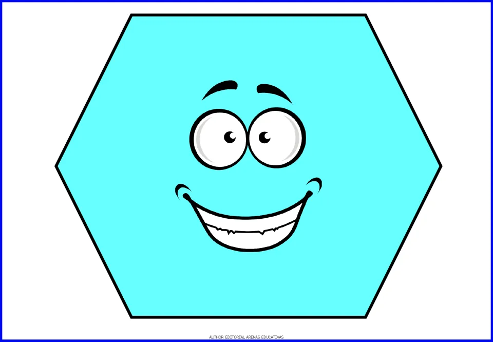 Hexagon flashcard in the geometric shape set, showing one turquoise six-sided shape with a smiling face