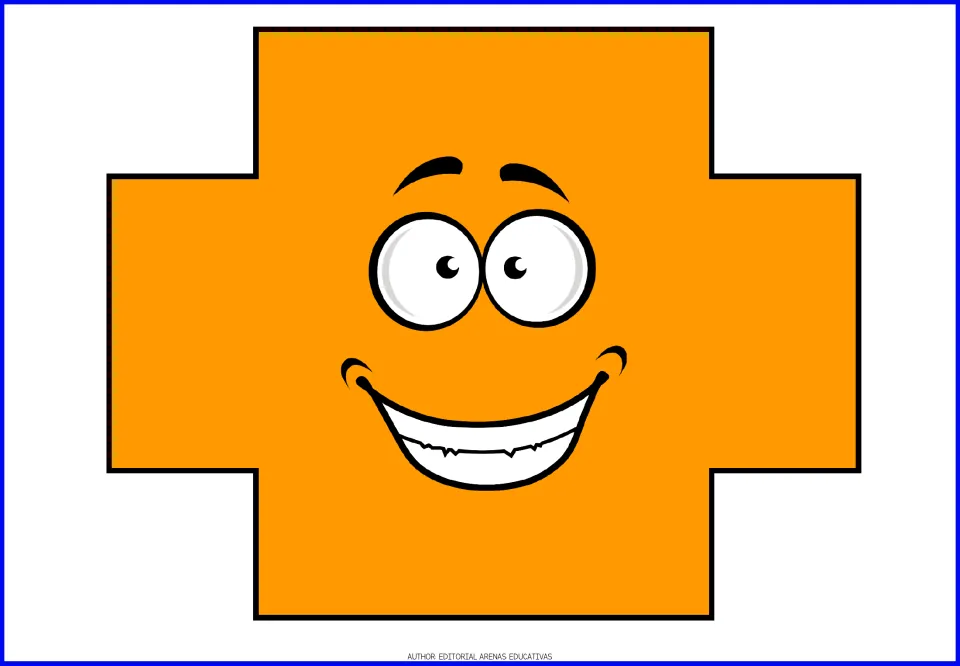 Cross flashcard in the geometric shape set, showing one orange plus-shaped figure with a smiling face