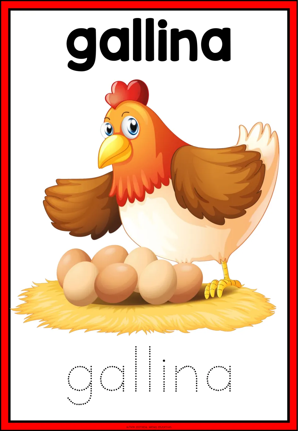Spanish animal-name tracing card for gallina (hen), showing a hen with eggs and the dotted word gallina
