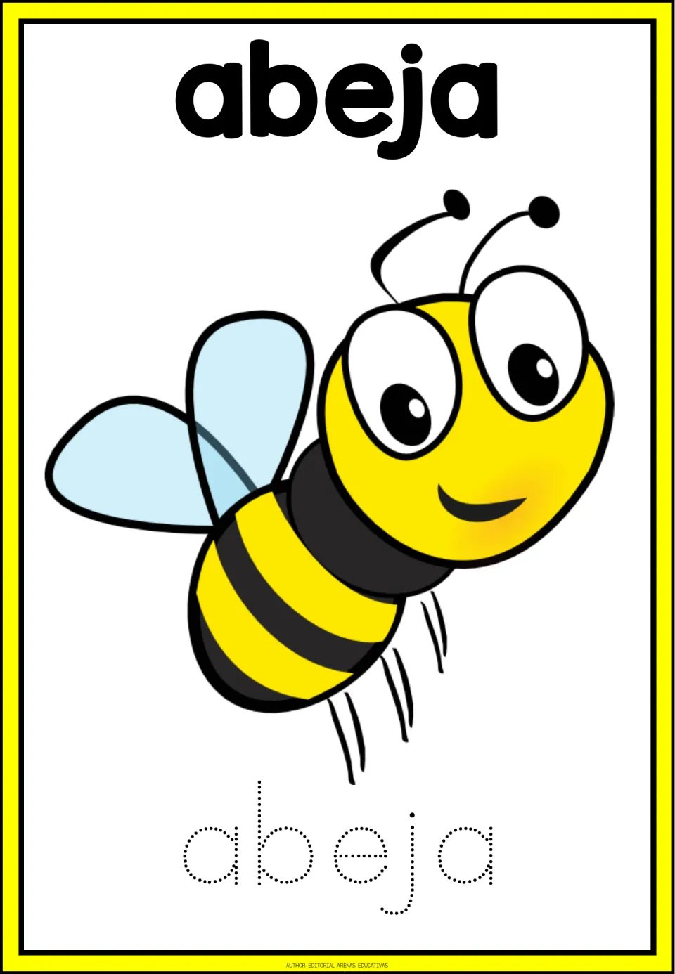 Spanish animal-name tracing card for abeja (bee), showing a bee and the word abeja in dotted letters
