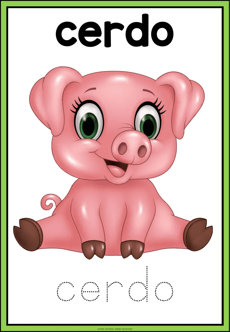 Spanish animal-name tracing card for cerdo (pig), showing a pig and the word cerdo in dotted letters