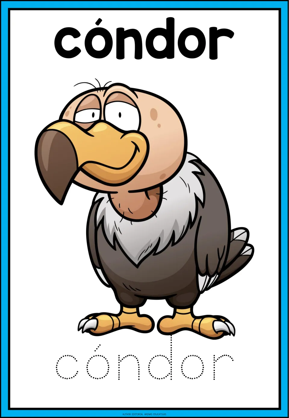 Spanish animal-name tracing card for cóndor (condor), showing the bird and the dotted word cóndor