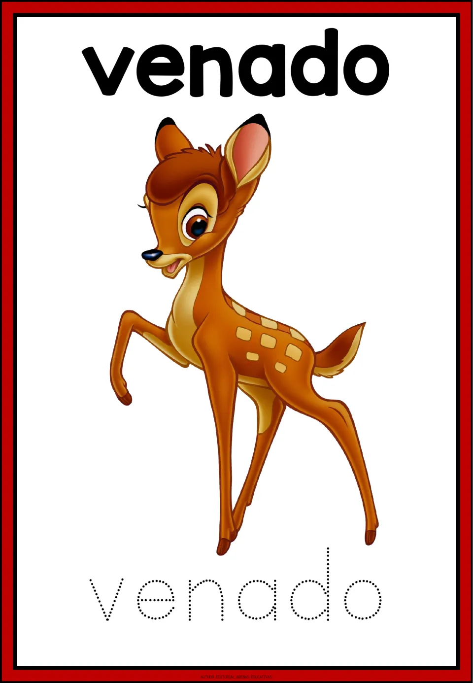 Spanish animal-name tracing card for venado (deer), showing a deer and the dotted word venado to trace