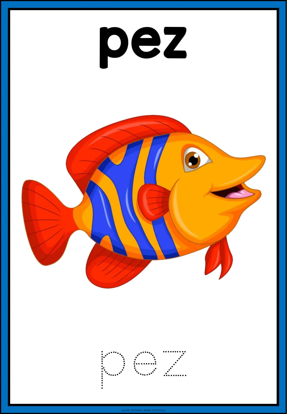 Spanish animal-name tracing card for pez (fish), showing a fish and the word pez in dotted letters
