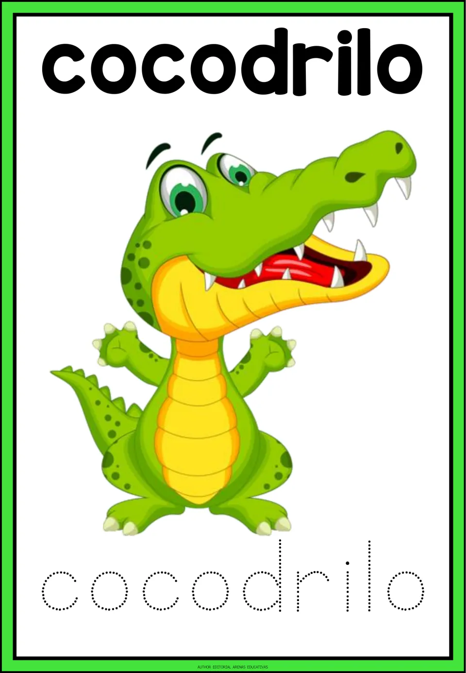 Spanish animal-name tracing card for cocodrilo (crocodile), showing a crocodile and dotted cocodrilo