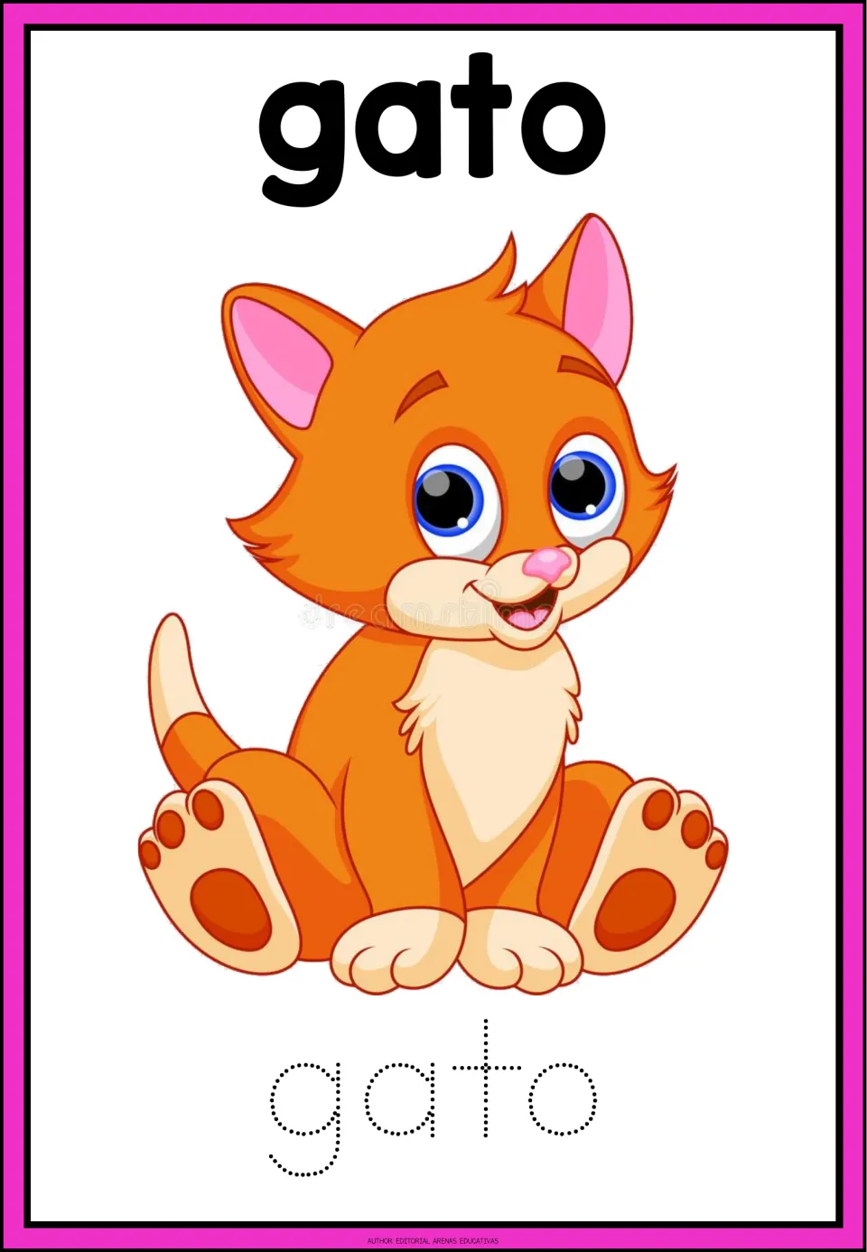 Spanish animal-name tracing card for gato (cat), showing a cat and the word gato in dotted letters