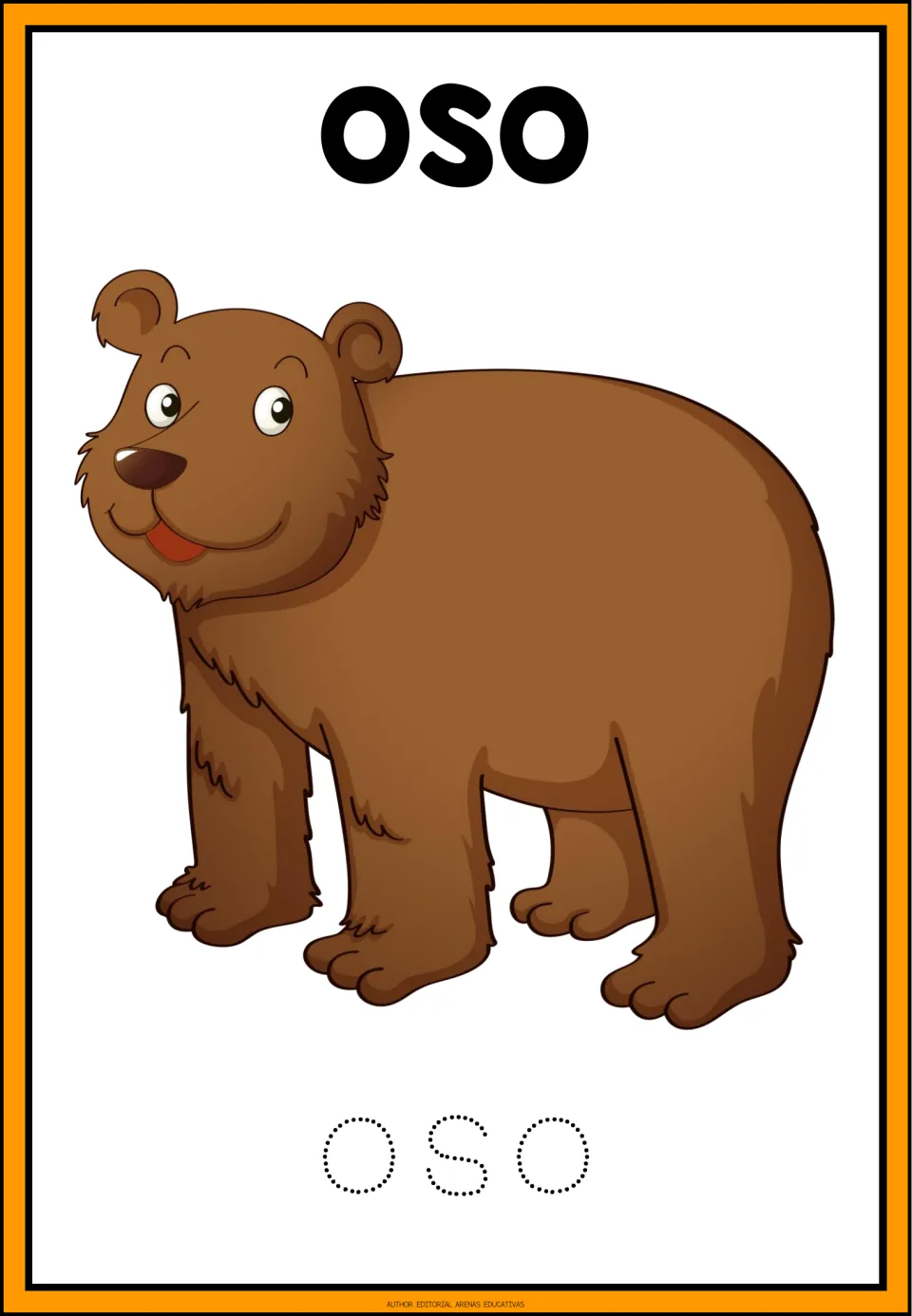 Spanish animal-name tracing card for oso (bear), showing a bear and the word oso in dotted letters