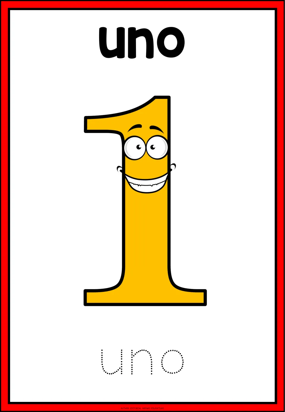 Spanish number flashcard 1: uno (one), a large numeral 1, and the dotted word uno for tracing practice.