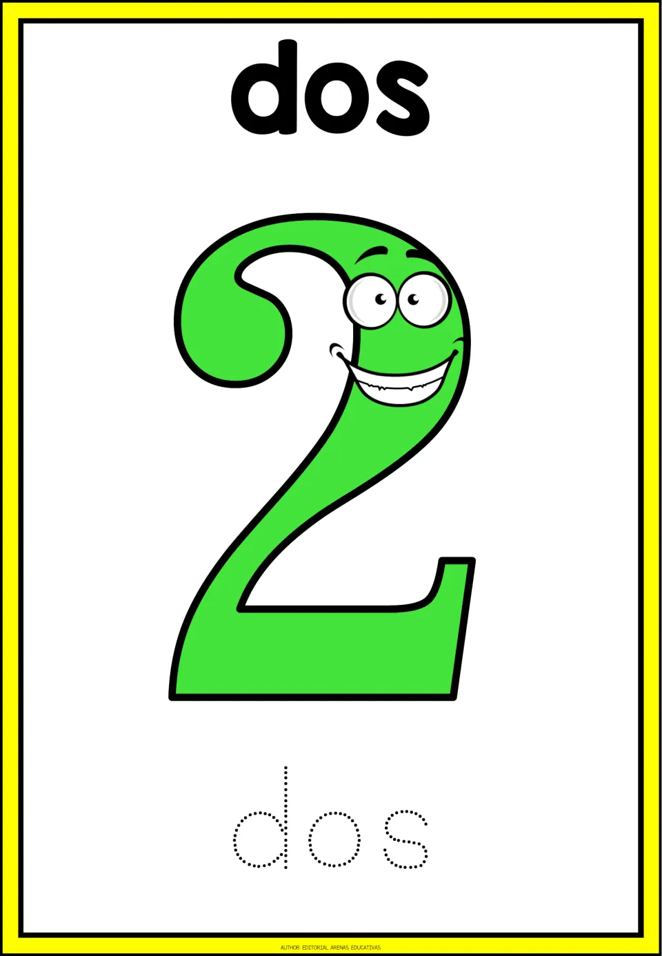 Spanish number flashcard 2: dos (two), a large numeral 2, and the dotted word dos for tracing practice.
