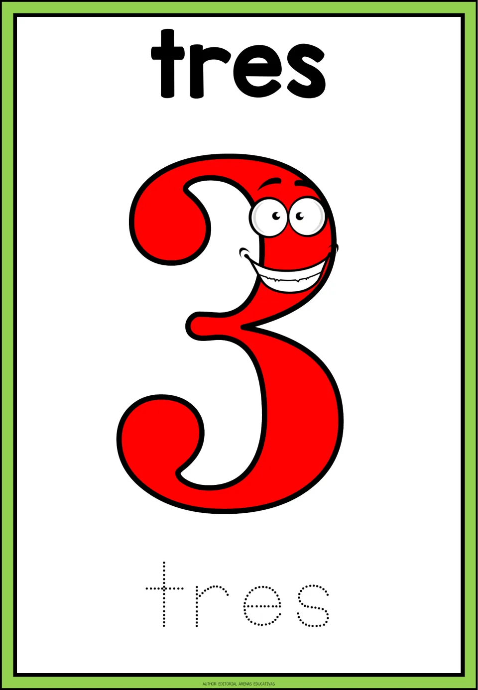 Spanish number flashcard 3: tres (three), a large numeral 3, and the dotted word tres for tracing practice.