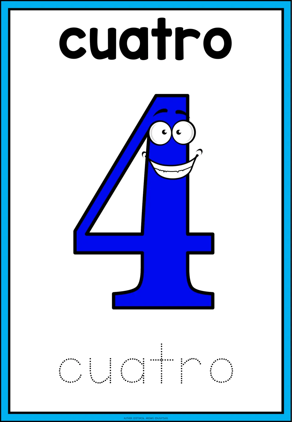 Spanish number flashcard 4: cuatro (four), a large numeral 4, and the dotted word cuatro for tracing practice.