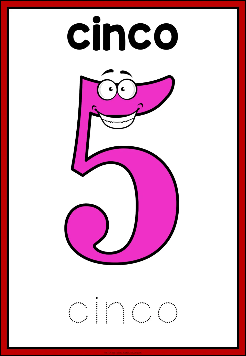 Spanish number flashcard 5: cinco (five), a large numeral 5, and the dotted word cinco for tracing practice.