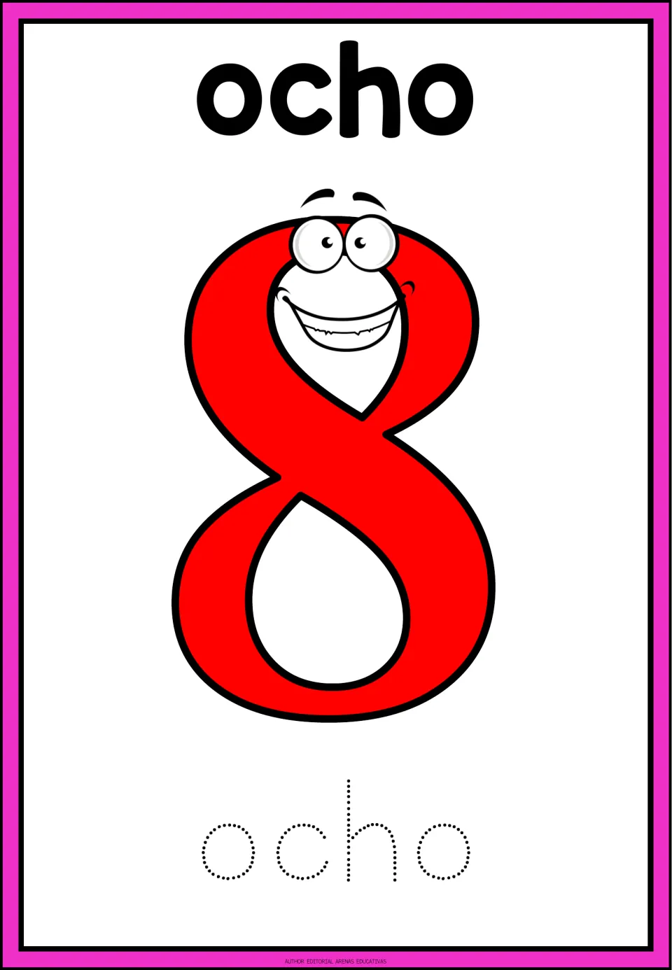 Spanish number flashcard 8: ocho (eight), a large numeral 8, and the dotted word ocho for tracing practice.