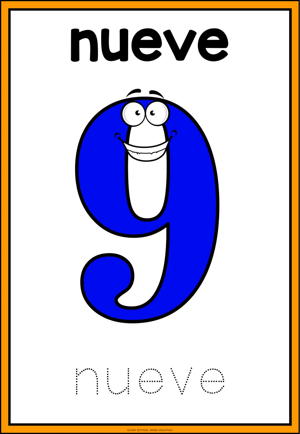 Spanish number flashcard 9: nueve (nine), a large numeral 9, and the dotted word nueve for tracing practice.