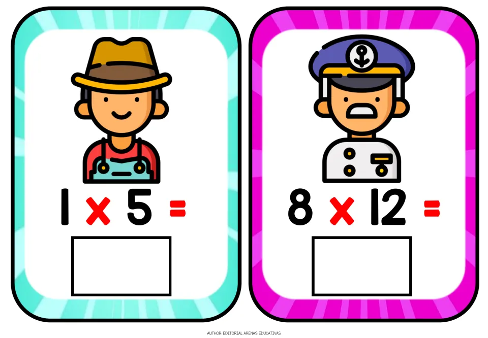 Multiplication flashcards: a farmer card asks 1 x 5 and a ship captain card asks 8 x 12, each with a box for the product