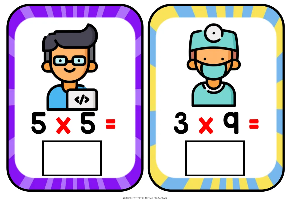 Multiplication facts on two job cards: a programmer with a laptop shows 5 x 5 and a masked surgeon shows 3 x 9 to solve