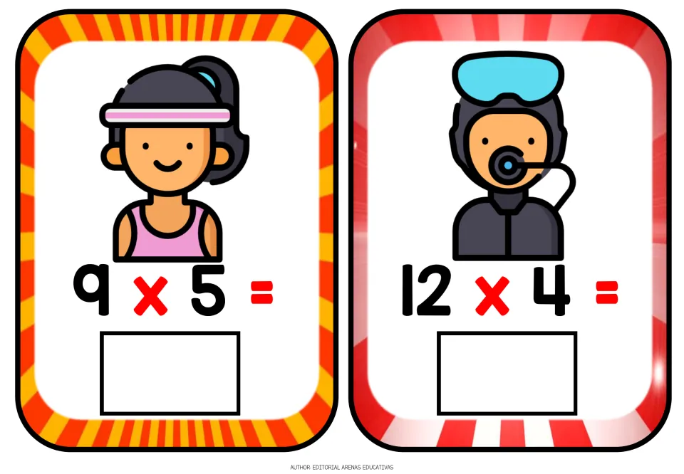 Times-table flashcards: an athlete in a headband shows 9 x 5 and a scuba diver shows 12 x 4, with a box for each answer