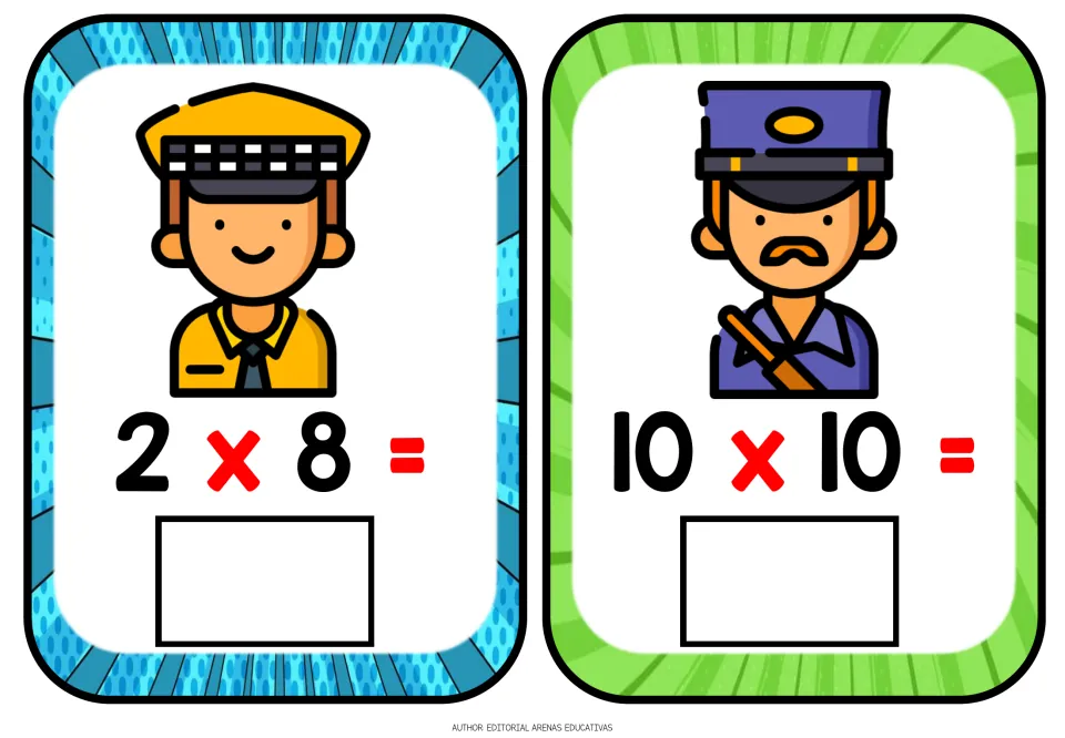 Multiplication cards: a worker in a checkered cap shows 2 x 8 and a uniformed officer shows 10 x 10, answer boxes below