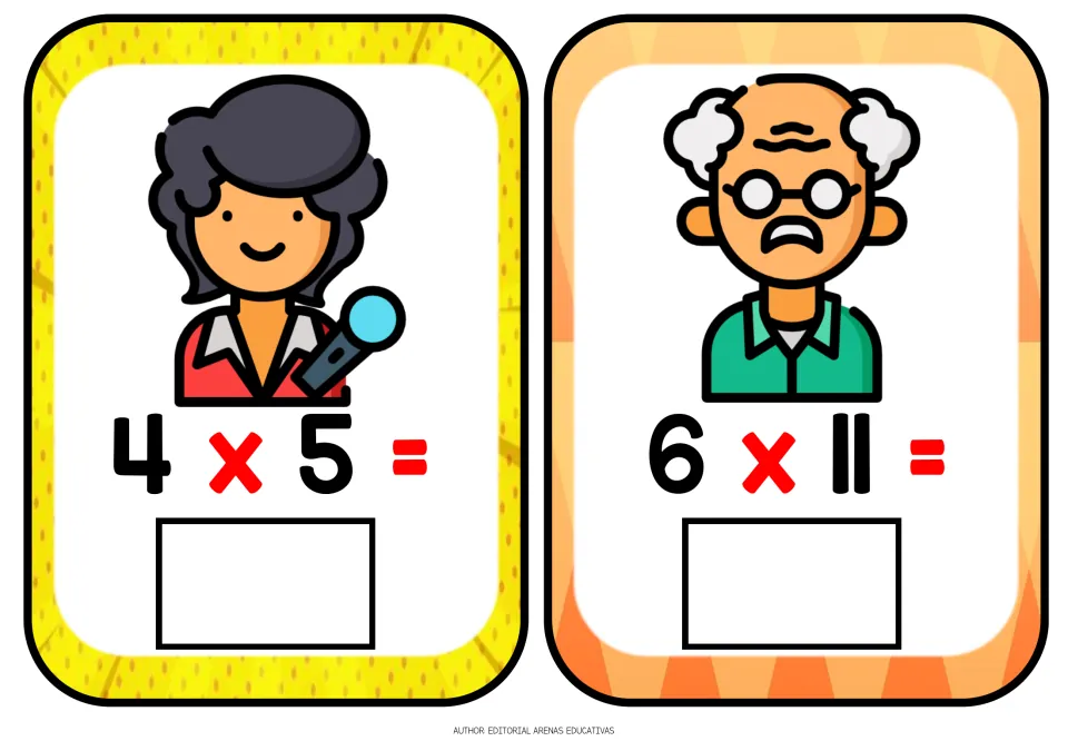 Fact flashcards: a reporter with a microphone shows 4 x 5 and an older man in glasses shows 6 x 11, with answer boxes