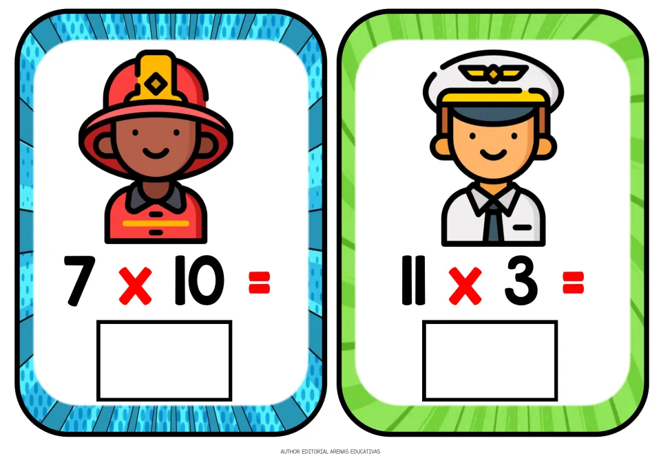 Multiplication cards with jobs: a firefighter shows 7 x 10 and an airline pilot shows 11 x 3, with a box for each product