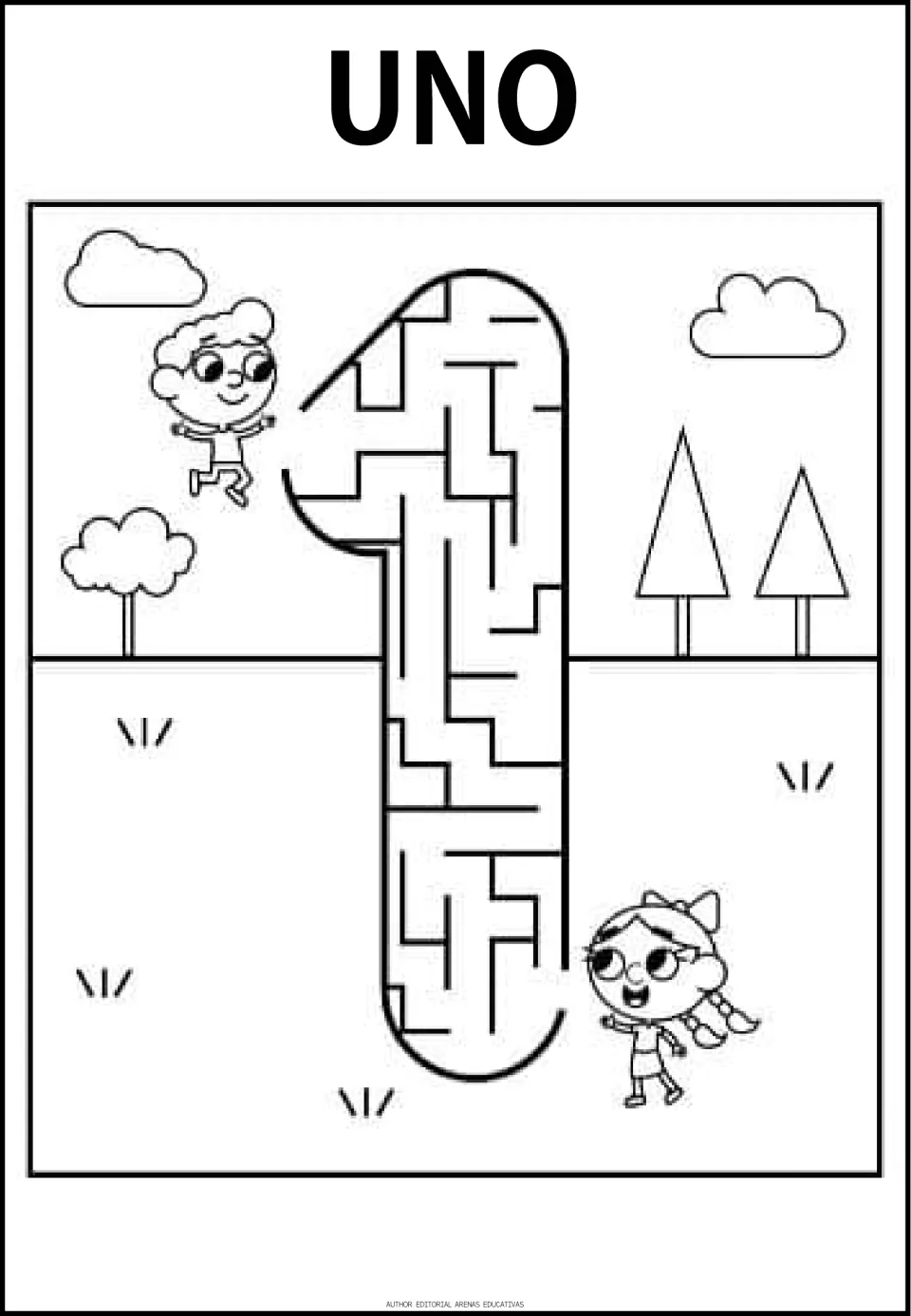 Number 1 maze labeled UNO (one), the first numeral maze in the resource, with a path through the numeral