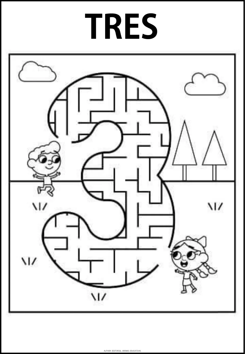Number 3 maze labeled TRES (three), the third numeral maze in the resource, with a path through the numeral