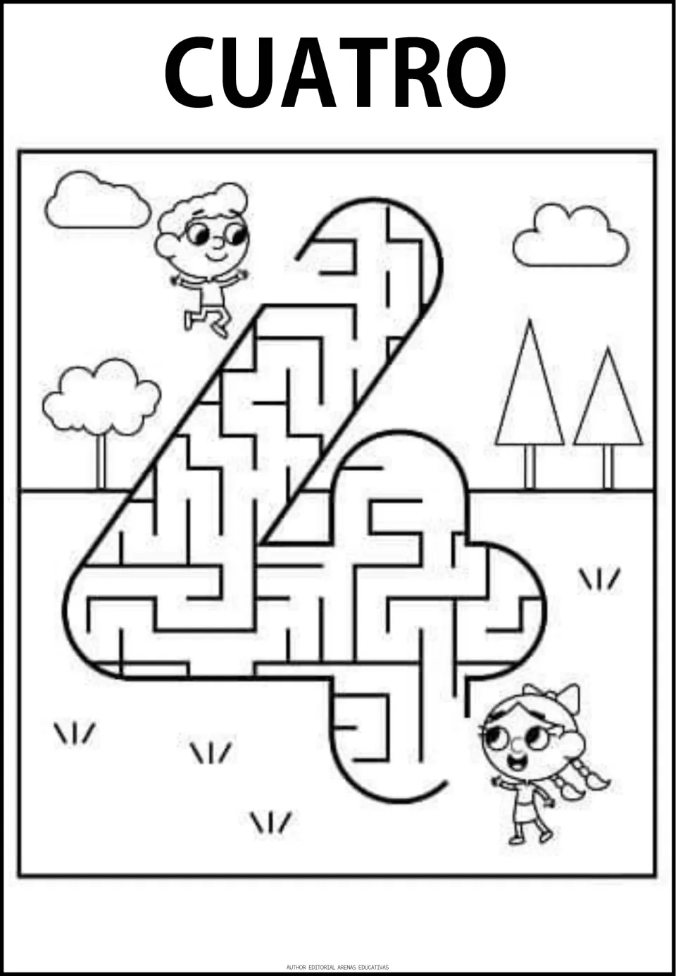 Number 4 maze labeled CUATRO (four), the fourth numeral maze in the resource, with a path through the numeral