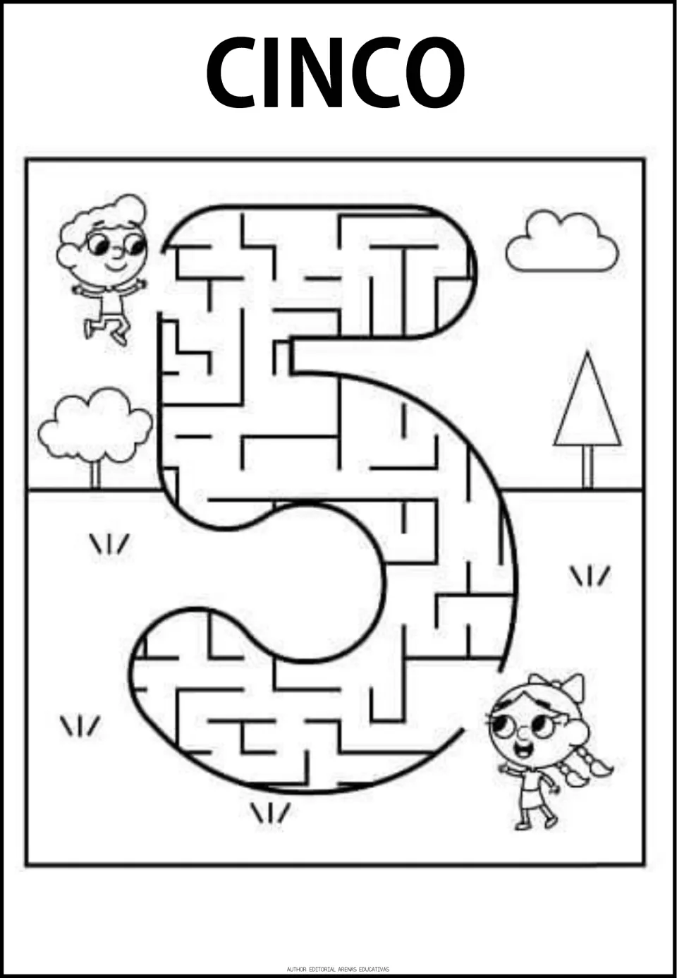 Number 5 maze labeled CINCO (five), the fifth numeral maze in the resource, with a path through the numeral