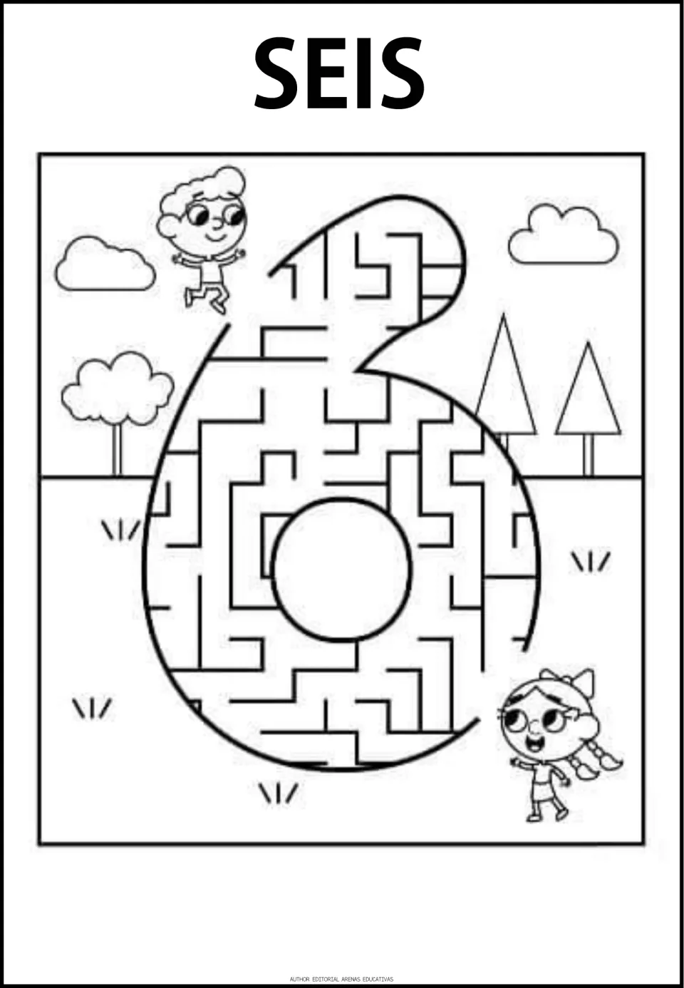 Number 6 maze labeled SEIS (six), the sixth numeral maze in the resource, with a path through the numeral