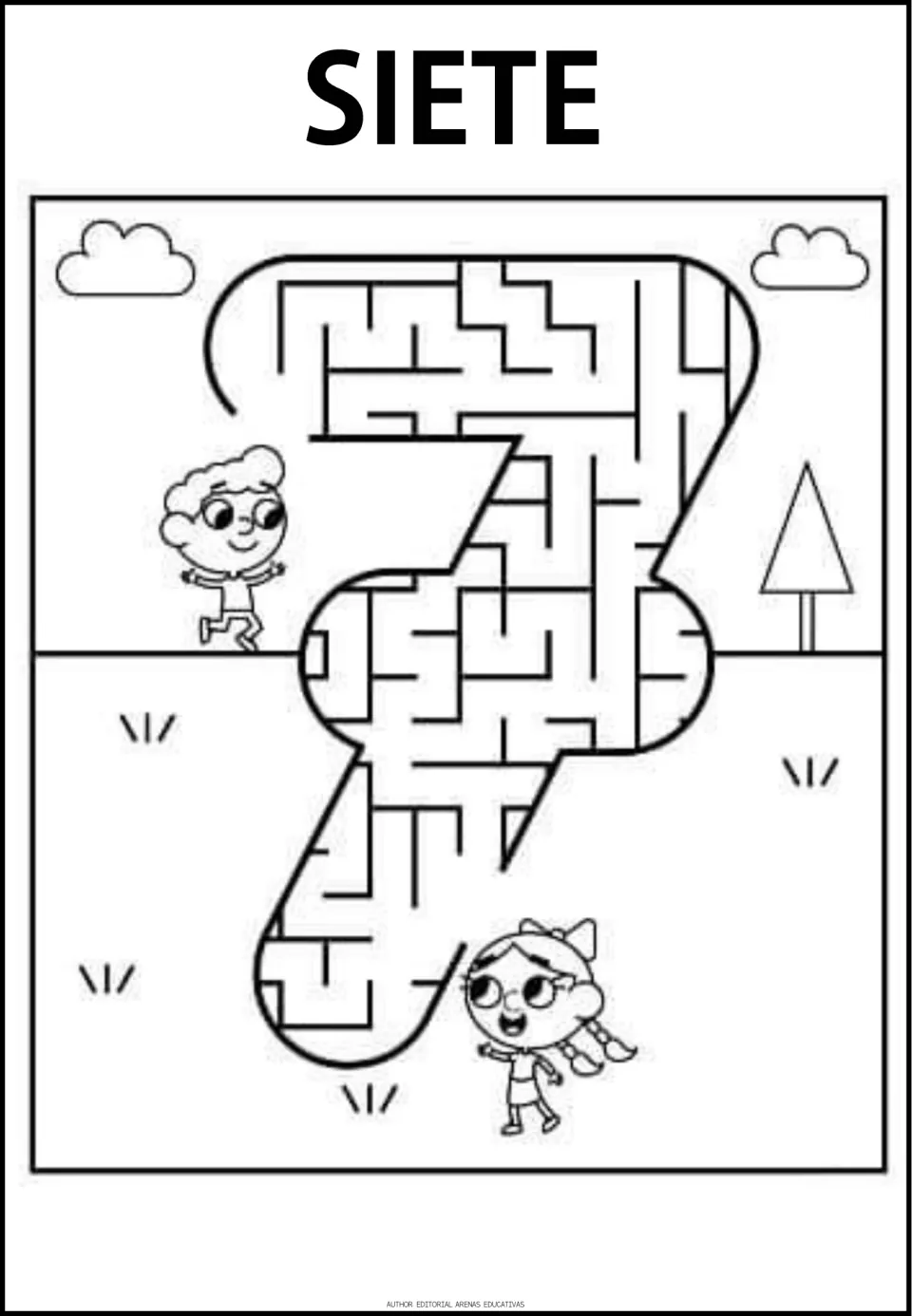 Number 7 maze labeled SIETE (seven), the seventh numeral maze in the resource, with a path through the numeral