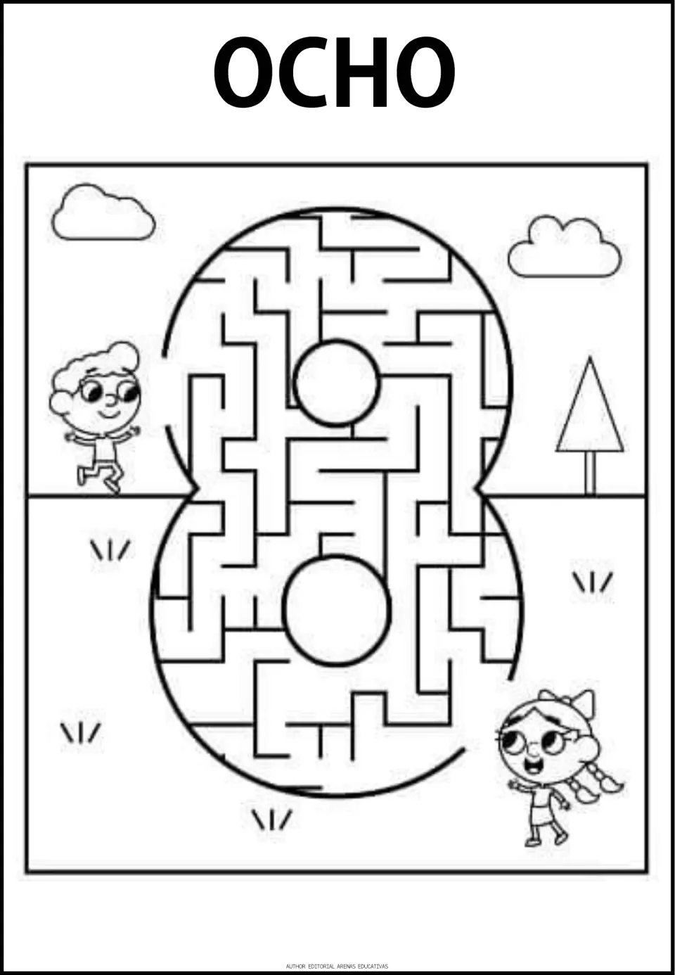 Number 8 maze labeled OCHO (eight), the eighth numeral maze in the resource, with a path through the numeral