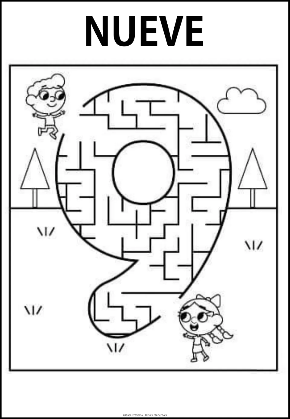 Number 9 maze labeled NUEVE (nine), the ninth numeral maze in the resource, with a path through the numeral
