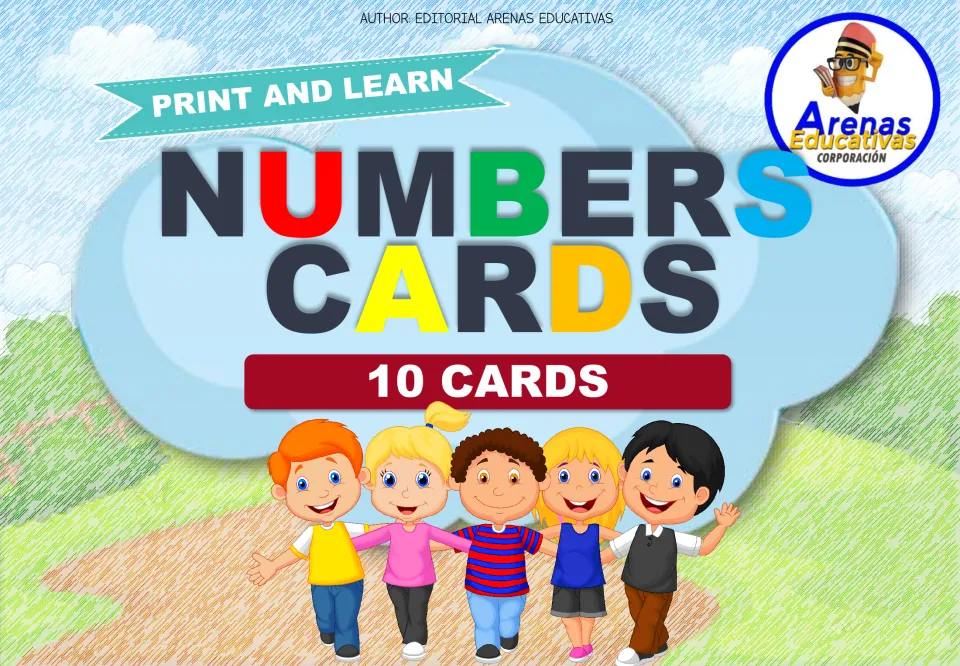 Numbers Cards cover by Arenas Educativas: Print and Learn set of 10 cards, shown with five smiling cartoon children