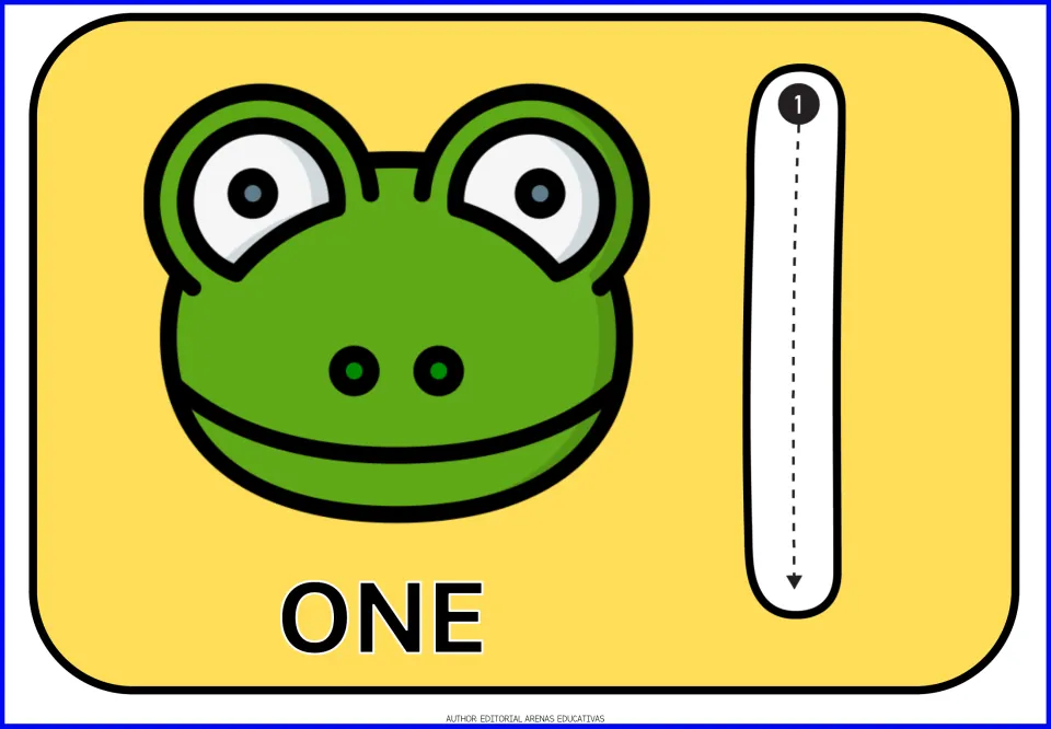 Number 1 card: one frog face and the word ONE beside a numeral 1 with a numbered arrow showing the stroke to trace
