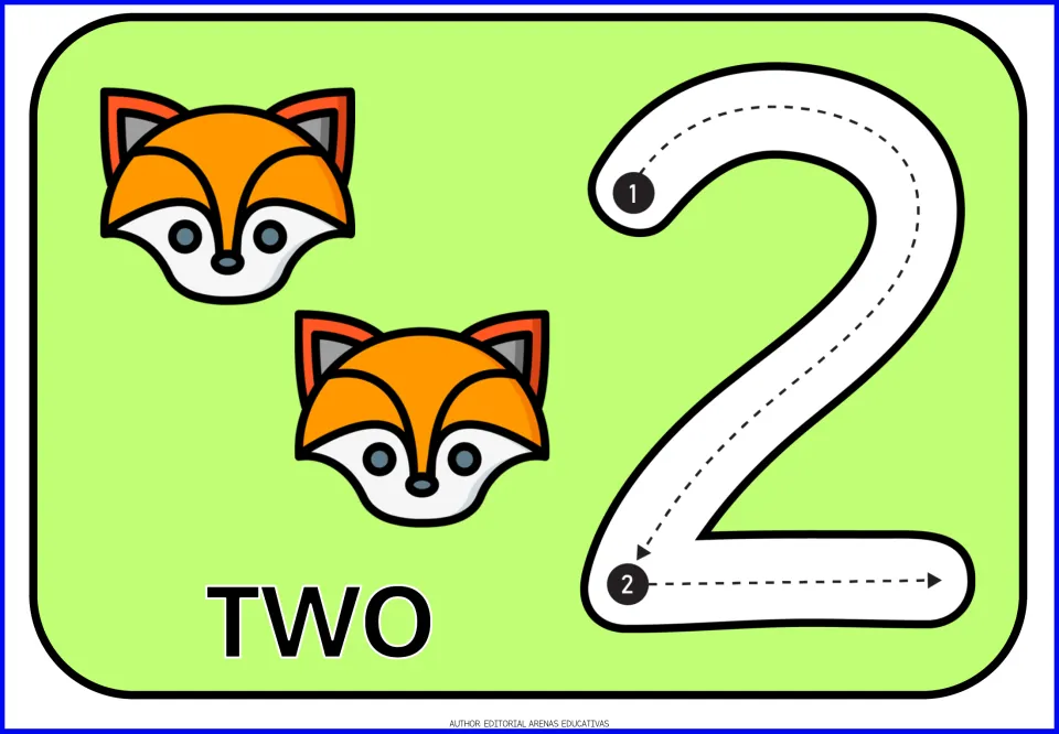 Number 2 card: students count two fox faces, read the word TWO and trace the numeral 2 following numbered arrows