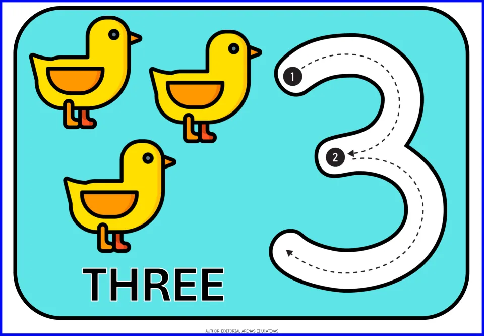 Number 3 card: three yellow ducks with the word THREE and a numeral 3 to trace in two numbered strokes along arrows