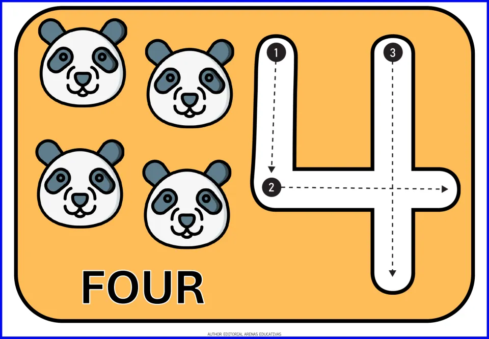 Number 4 card: four panda faces with the word FOUR and a numeral 4 traced in three numbered strokes along arrows