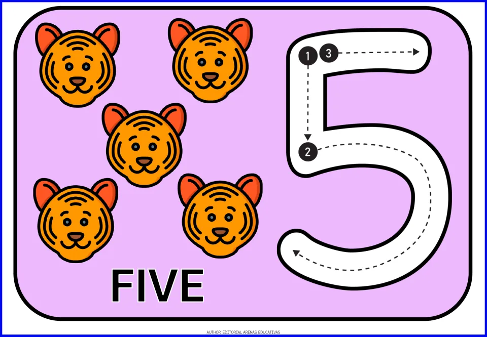 Number 5 card: students count five tiger faces, read the word FIVE and trace a numeral 5 using three numbered strokes