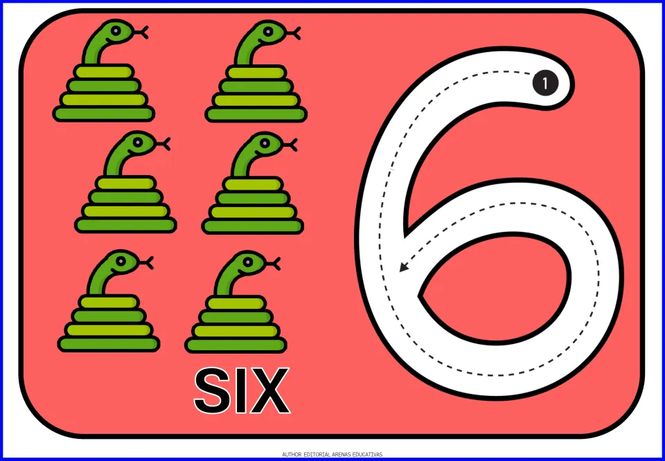 Number 6 card: six coiled green snakes with the word SIX and a numeral 6 traced in one continuous stroke along arrows