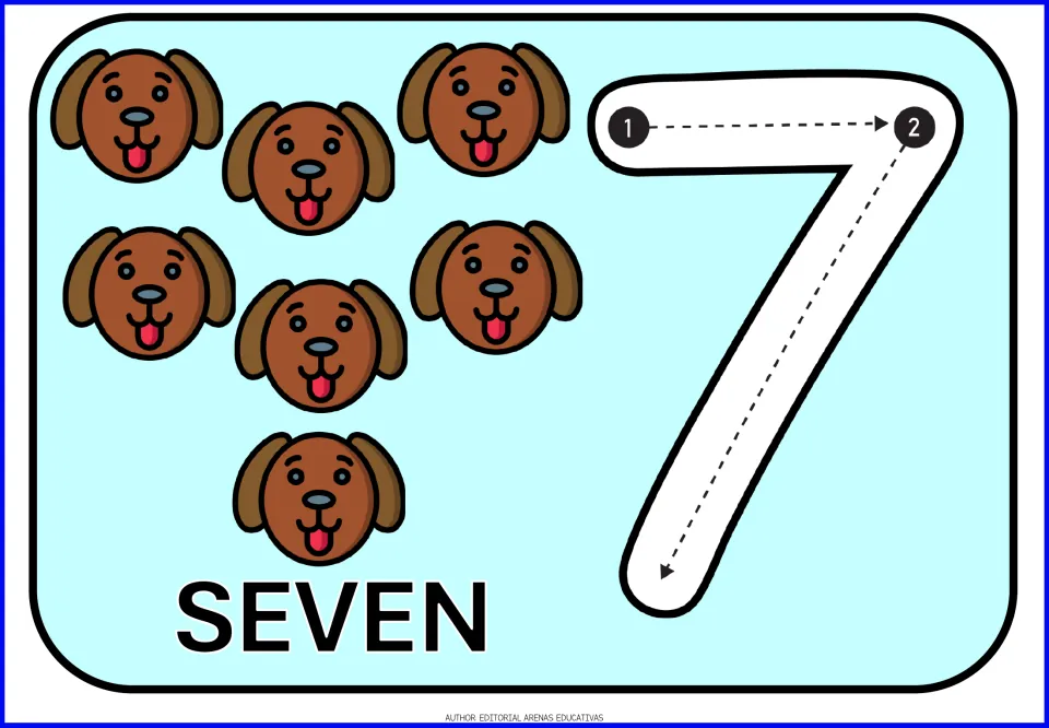 Number 7 card: seven brown puppy faces with the word SEVEN and a numeral 7 traced across, then down, in two strokes